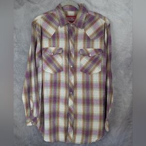 Walls Size Medium Brown Purple Cream Plaid Pearl Snap Button Down Western Shirt